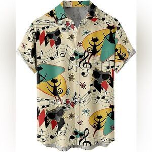 NWT Men's Cat Music Graphic Casual Button Up Short Sleeve Shirt Size XL
